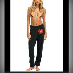 Aviator Nation Black Track Pants with Red and Yellow Heart